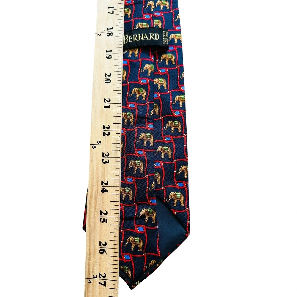 Bernard Silk Tie Navy Blue Elephant Animal Print Geometric Made in France Mens